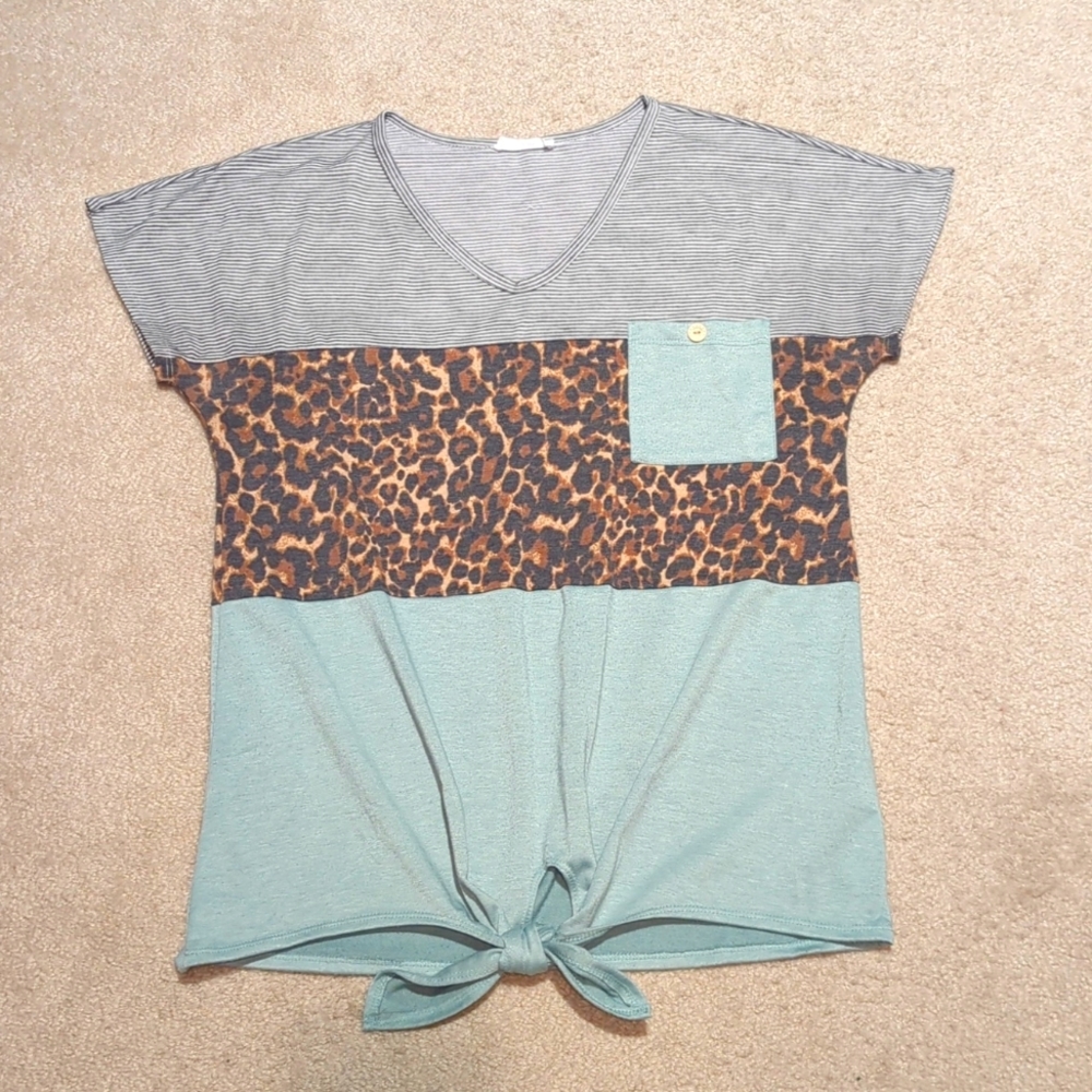 Leopard Print and Strip Front Tie Top